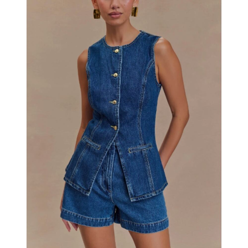 Meshki Blue Denim Sleeveless Peplum Button Top